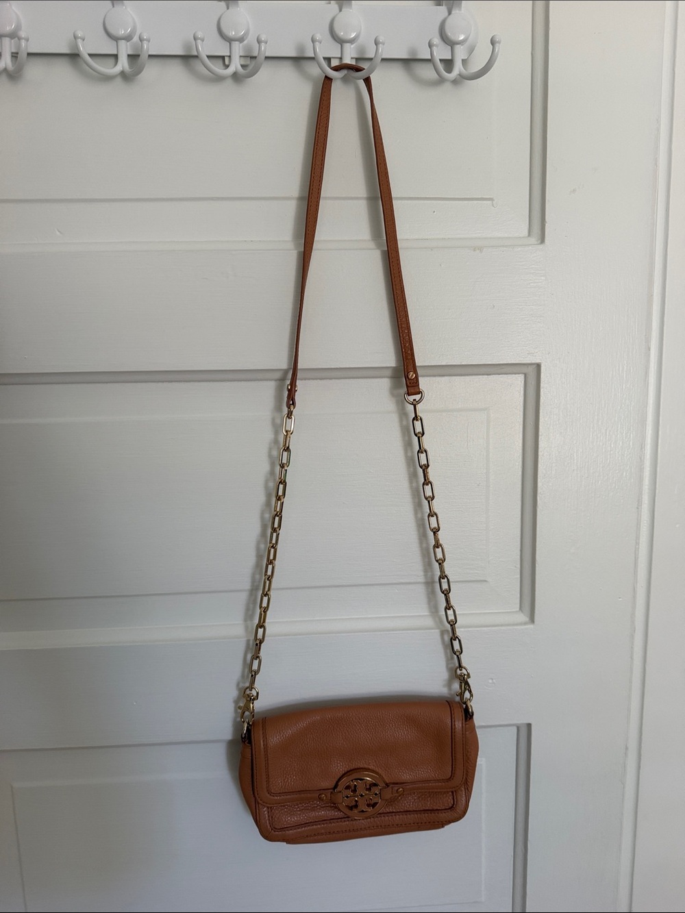 Tory Burch Cognac Leather Crossbody with Gold Chain Strap
